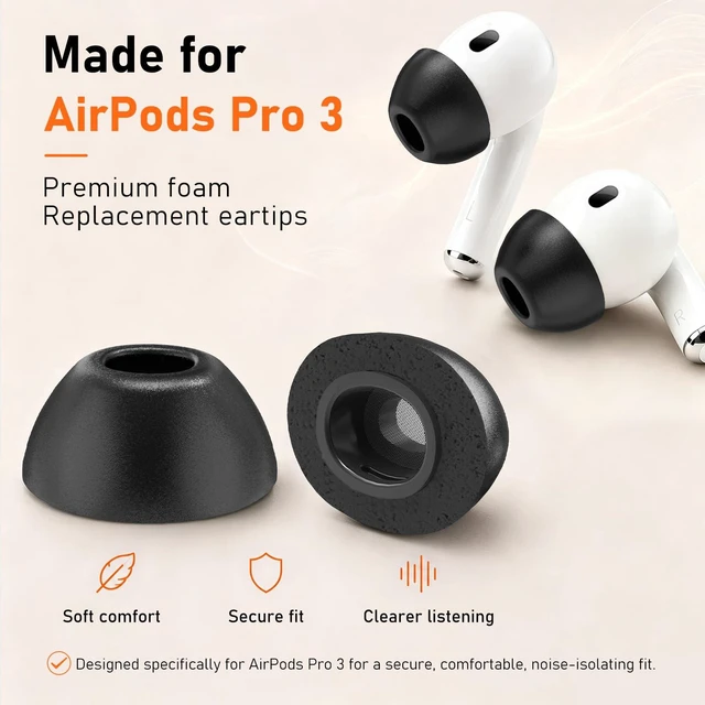 Alt view image 2 of 7 - 6 Pairs Memory Foam Replacement Ear Tips for AirPods Pro 3 Soft Comfort, Clearer Listening, Secure Fit, Charging Friendly, SealCore Tech Eartips for Aipods Pro 3rd Gen (S/M/L, Black)