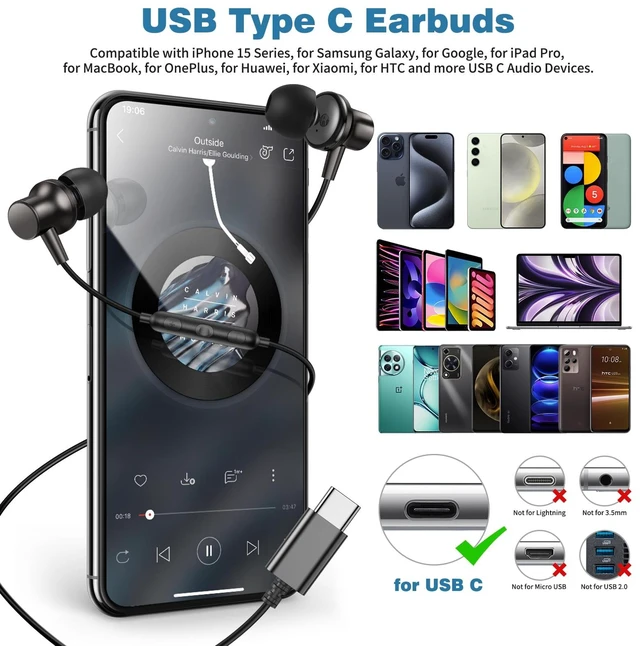 Alt view image 2 of 7 - USB C Headphones Wired Earbuds for iPhone 18 Pro Max 17 16, Gunmetal Magnetic Bass Noise Isolation Type C In-Ear Earphone+Mic for iPad 10 Air Pixel 9 8/Samsung S26 Ultra S25 S24 S23 for OnePlus