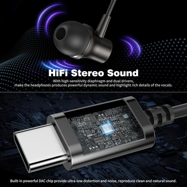 Alt view image 4 of 7 - USB C Headphones Wired Earbuds for iPhone 18 Pro Max 17 16, Gunmetal Magnetic Bass Noise Isolation Type C In-Ear Earphone+Mic for iPad 10 Air Pixel 9 8/Samsung S26 Ultra S25 S24 S23 for OnePlus