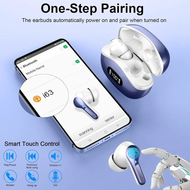 Alt view image 7 of 7 - Wireless Earbuds, Bluetooth Headphones 5.4 HiFi Stereo Ear buds with ENC Noise Cancelling Mic, 40H Bluetooth Earbuds with Dual LED Display Charging Case, IP7 Waterproof Earphones for Android iOS, Blue