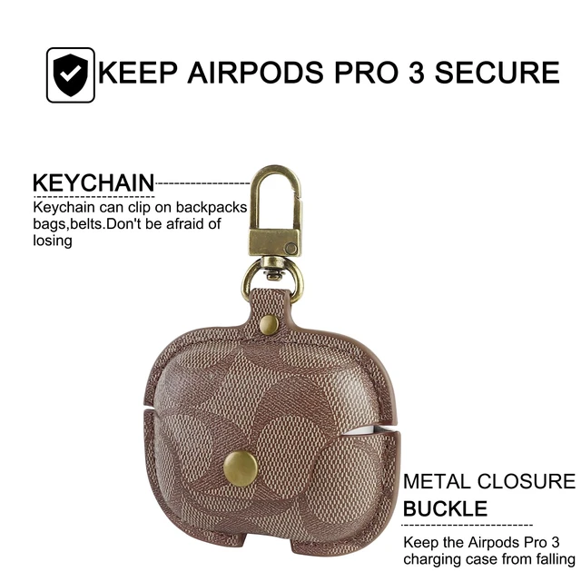 Alt view image 5 of 6 - Leather Case for AirPods Pro 3, Full Body Shockproof Protective Cover (C) Printed Leather Snap Closure Keychain Clip Drop Protection Precise Cutouts