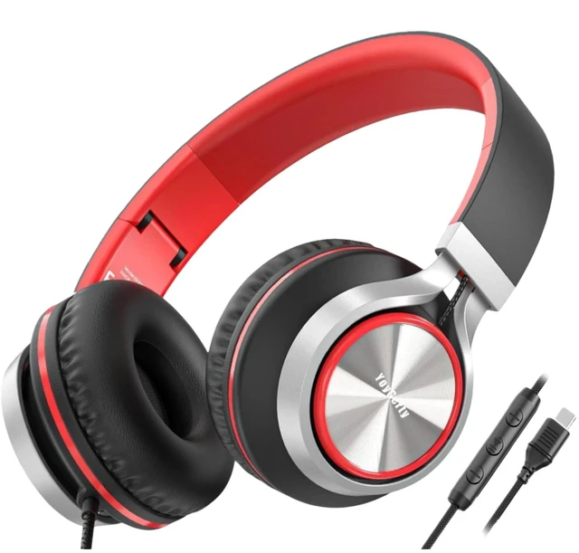 Main image of USB Type C Wired Headphones, Over-Ear Headphones for school with Microphone Volume Control, Hi-Fi Stereo Sound, Wired Foldable USB C Headphones for Adults/Teens/Toddlers/Tablets/Travel(Red)