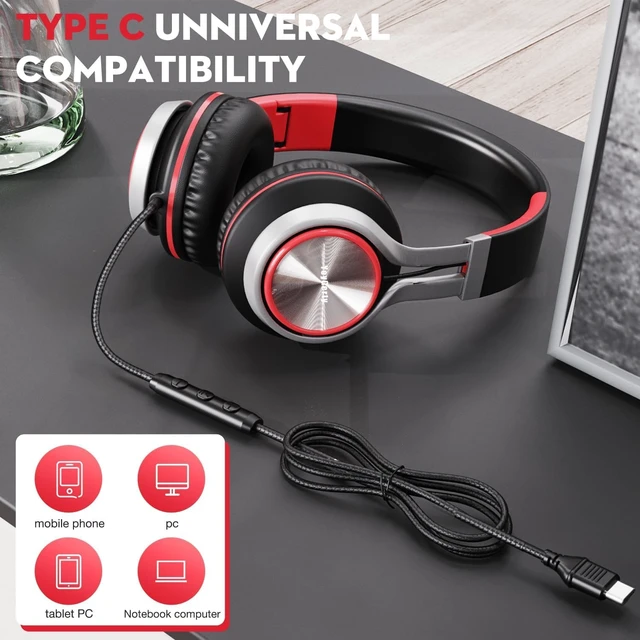 Alt view image 4 of 7 - USB Type C Wired Headphones, Over-Ear Headphones for school with Microphone Volume Control, Hi-Fi Stereo Sound, Wired Foldable USB C Headphones for Adults/Teens/Toddlers/Tablets/Travel(Red)