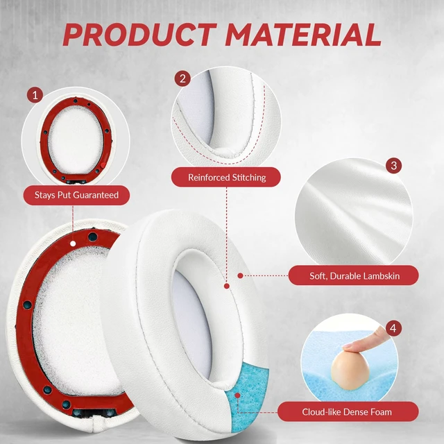Alt view image 2 of 6 - Studio 3 Replacement Ear Pads for Beats Studio 3 & 2 Headphones, Cushions Earpads with Genuine Lambskin Leather, Softer Memory Foam, Stronger Adhesive (Lambskin-White)