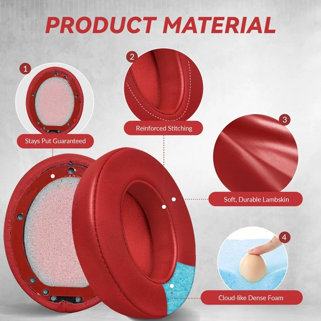 Alt view image 2 of 6 - Studio 3 Replacement Ear Pads for Beats Studio 3 & 2 Headphones, Cushions Earpads with Genuine Lambskin Leather, Softer Memory Foam, Stronger Adhesive (Lambskin-Red)