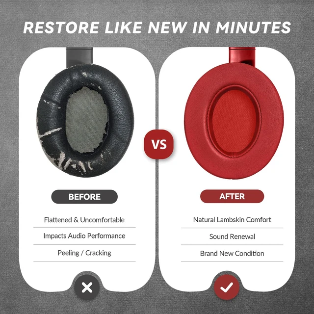 Alt view image 3 of 6 - Studio 3 Replacement Ear Pads for Beats Studio 3 & 2 Headphones, Cushions Earpads with Genuine Lambskin Leather, Softer Memory Foam, Stronger Adhesive (Lambskin-Red)