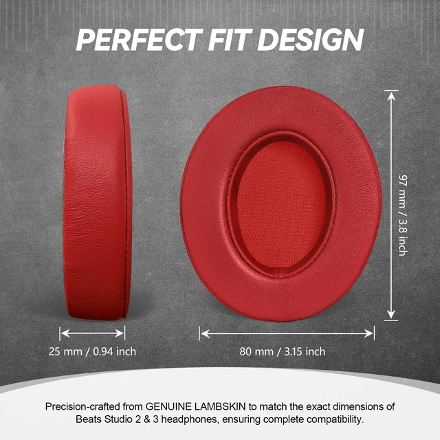 Alt view image 5 of 6 - Studio 3 Replacement Ear Pads for Beats Studio 3 & 2 Headphones, Cushions Earpads with Genuine Lambskin Leather, Softer Memory Foam, Stronger Adhesive (Lambskin-Red)