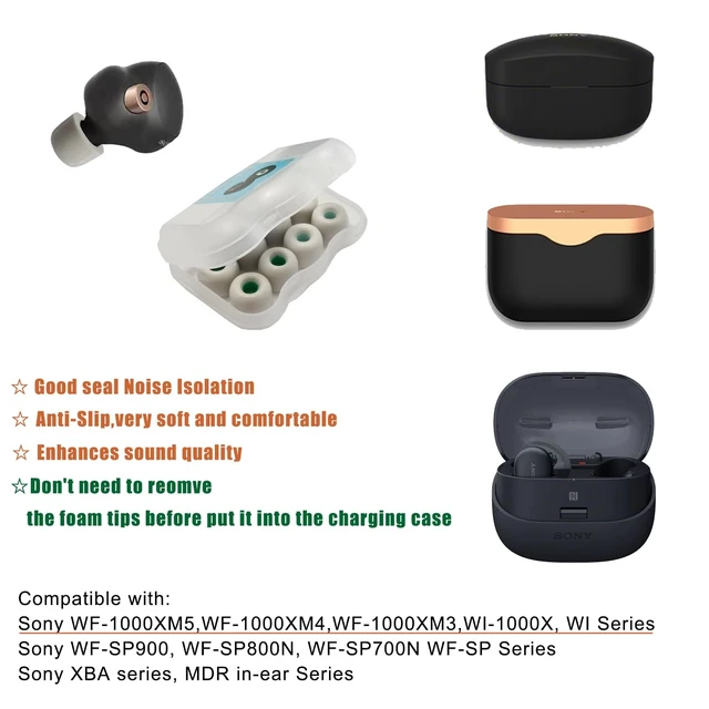 Alt view image 4 of 4 - Memory Foam Ear Tips for Sony WF-1000XM4/XM5 4 Pairs Medium, Noise Isolating, Secure Fit, Foam Tip Fit WF-XB700 WI-1000X C500 C700N, Fits Charging Case, Gray