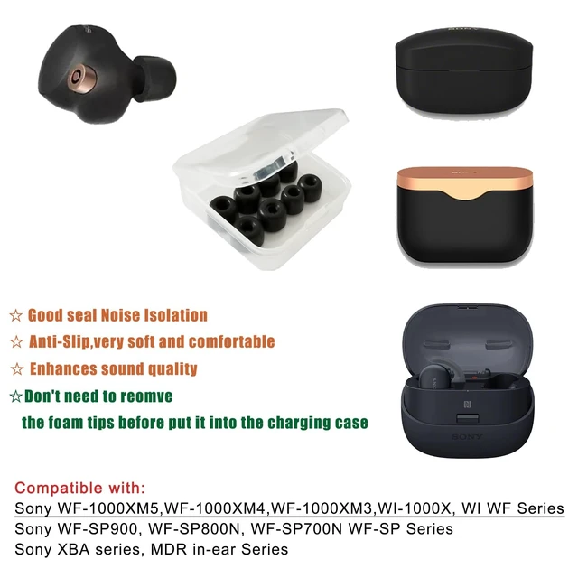 Alt view image 4 of 4 - Memory Foam Earbuds Tips for Sony WF-1000XM4/1000XM5 4 Pairs Medium, Noise Isolating, Secure Fit, for Sony Earbuds WF-SP900/XB700/C500/C700N, Fits Charging Case, Black