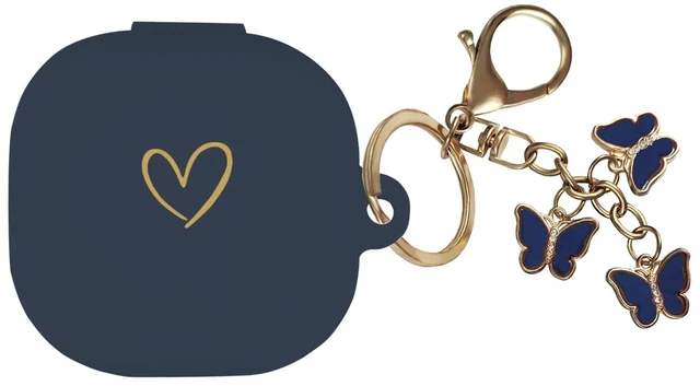Main image of Compatible with Samsung Galaxy Buds FE/Buds 2 / Buds Pro/Buds Live/Buds 2 Pro, Soft Silicone Case with Gold Heart Pattern with Cute Butterfly Keychain for Girls Women (Midnight Blue)