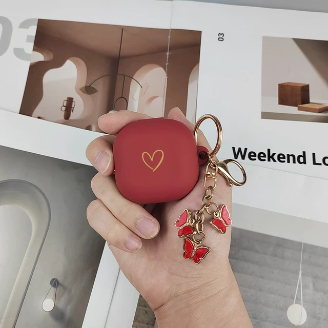 Alt view image 7 of 7 - Compatible with Samsung Galaxy Buds FE/Buds 2 / Buds Pro/Buds Live/Buds 2 Pro, Soft Silicone Case with Gold Heart Pattern with Cute Butterfly Keychain for Girls Women (Burgundy)