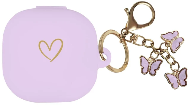 Main image of Compatible with Samsung Galaxy Buds FE/ 2 / Buds Pro/Buds Live/Buds 2 Pro, Soft Silicone Case with Gold Heart Pattern with Cute Butterfly Keychain for Girls Women (Purple)
