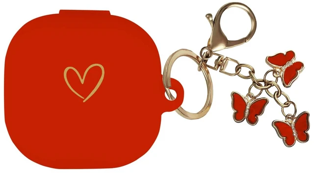 Main image of Compatible with Samsung Galaxy Buds FE/Buds 2 / Buds Pro/Buds Live/Buds 2 Pro, Soft Silicone Case with Gold Heart Pattern with Cute Butterfly Keychain for Girls Women (Red)