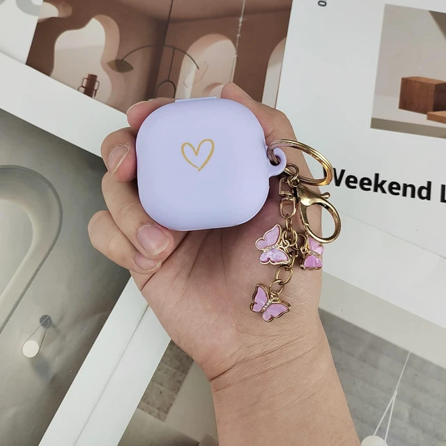 Alt view image 7 of 7 - Compatible with Samsung Galaxy Buds FE/ 2 / Buds Pro/Buds Live/Buds 2 Pro, Soft Silicone Case with Gold Heart Pattern with Cute Butterfly Keychain for Girls Women (Purple)