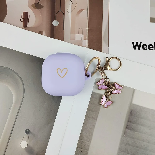 Alt view image 6 of 7 - Compatible with Samsung Galaxy Buds FE/ 2 / Buds Pro/Buds Live/Buds 2 Pro, Soft Silicone Case with Gold Heart Pattern with Cute Butterfly Keychain for Girls Women (Purple)
