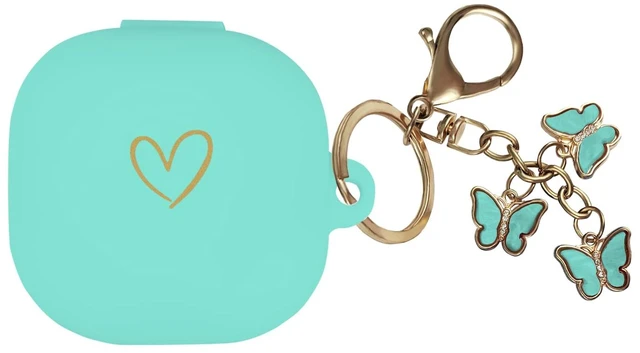 Main image of Compatible with Samsung Galaxy Buds FE/2/Pro/Live, Soft Silicone Case with Gold Heart Pattern and Cute Butterfly Keychain for Girls Women (Mint Green)