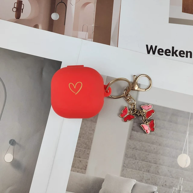 Alt view image 6 of 7 - Compatible with Samsung Galaxy Buds FE/Buds 2 / Buds Pro/Buds Live/Buds 2 Pro, Soft Silicone Case with Gold Heart Pattern with Cute Butterfly Keychain for Girls Women (Red)