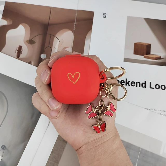 Alt view image 7 of 7 - Compatible with Samsung Galaxy Buds FE/Buds 2 / Buds Pro/Buds Live/Buds 2 Pro, Soft Silicone Case with Gold Heart Pattern with Cute Butterfly Keychain for Girls Women (Red)