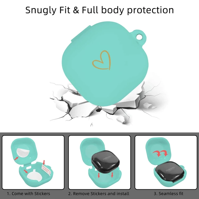 Alt view image 3 of 7 - Compatible with Samsung Galaxy Buds FE/2/Pro/Live, Soft Silicone Case with Gold Heart Pattern and Cute Butterfly Keychain for Girls Women (Mint Green)