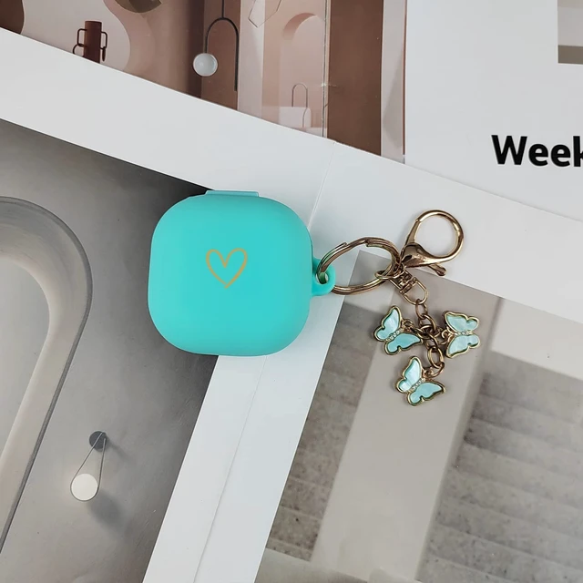 Alt view image 6 of 7 - Compatible with Samsung Galaxy Buds FE/2/Pro/Live, Soft Silicone Case with Gold Heart Pattern and Cute Butterfly Keychain for Girls Women (Mint Green)