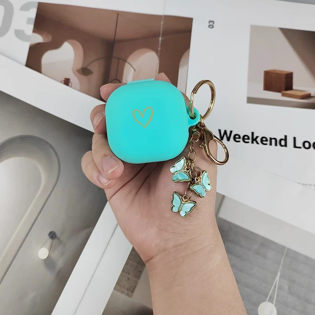 Alt view image 7 of 7 - Compatible with Samsung Galaxy Buds FE/2/Pro/Live, Soft Silicone Case with Gold Heart Pattern and Cute Butterfly Keychain for Girls Women (Mint Green)