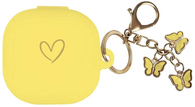 Main image of Compatible with Samsung Galaxy Buds FE / Pro / Live / 2 Pro, Soft Silicone Case with Gold Heart Pattern and Cute Butterfly Keychain for Girls Women (Yellow)