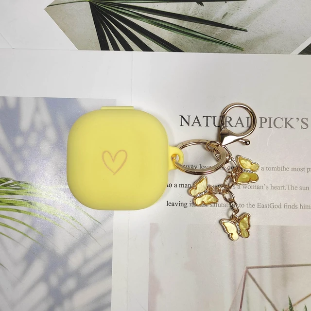 Alt view image 6 of 7 - Compatible with Samsung Galaxy Buds FE / Pro / Live / 2 Pro, Soft Silicone Case with Gold Heart Pattern and Cute Butterfly Keychain for Girls Women (Yellow)