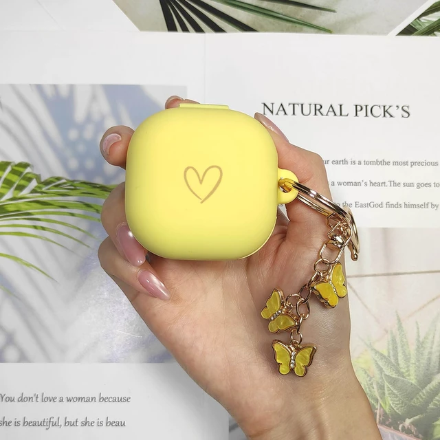 Alt view image 7 of 7 - Compatible with Samsung Galaxy Buds FE / Pro / Live / 2 Pro, Soft Silicone Case with Gold Heart Pattern and Cute Butterfly Keychain for Girls Women (Yellow)