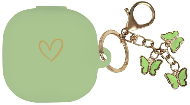 Main image of Compatible with Samsung Galaxy Buds FE/Buds 2 / Buds Pro/Buds Live/Buds 2 Pro, Soft Silicone Case with Gold Heart Pattern with Cute Butterfly Keychain for Girls Women (Matcha Green)