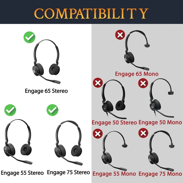 Alt view image 2 of 7 - Earpads for Jabra Engage 55/65/75 - Stereo Black (Do Not Fit Engage 50, Engage 55/65/75 Mono Version), for Engage 55/65/75 (Stereo Version) Headphones