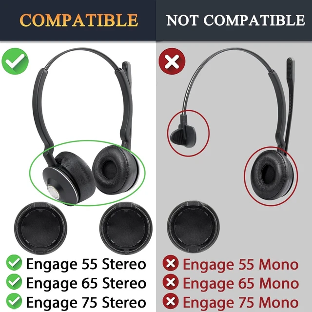 Alt view image 3 of 7 - Earpads for Jabra Engage 55/65/75 - Stereo Black (Do Not Fit Engage 50, Engage 55/65/75 Mono Version), for Engage 55/65/75 (Stereo Version) Headphones