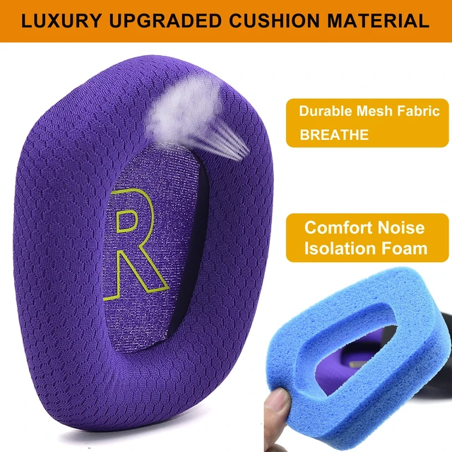 Alt view image 4 of 6 - Mesh Fabric Earpads for Logitech G733 G535 G335 Headphone-Purple Ear Pads with Durable Mesh Fabric for Logitech G733 Lightspeed Wireless Gaming Headset, Comfort Noise Isolation Foam