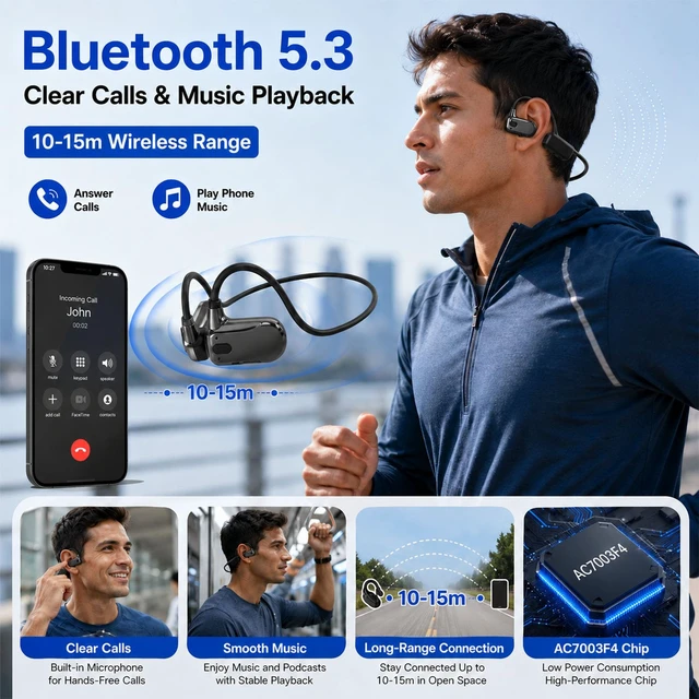 Alt view image 6 of 7 - Open Ear Running Headphones, 18.2g Lightweight Wireless Sports Headphones with Mic, Bluetooth 5.3, 8H Playtime, IPX5 Water-Resistant for Walking Cycling Workouts and Daily Use