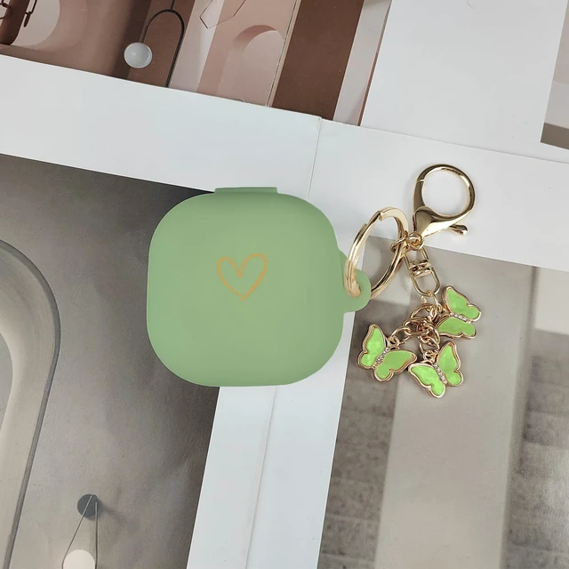 Alt view image 6 of 7 - Compatible with Samsung Galaxy Buds FE/Buds 2 / Buds Pro/Buds Live/Buds 2 Pro, Soft Silicone Case with Gold Heart Pattern with Cute Butterfly Keychain for Girls Women (Matcha Green)
