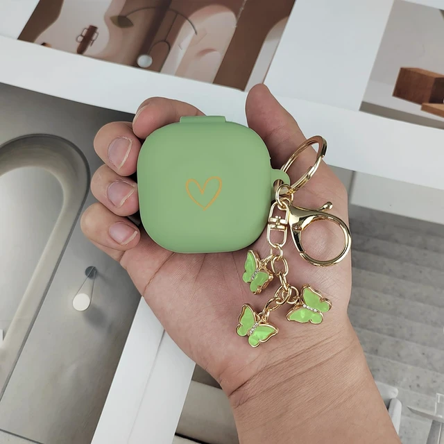 Alt view image 7 of 7 - Compatible with Samsung Galaxy Buds FE/Buds 2 / Buds Pro/Buds Live/Buds 2 Pro, Soft Silicone Case with Gold Heart Pattern with Cute Butterfly Keychain for Girls Women (Matcha Green)