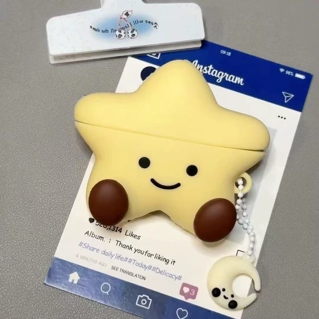 Alt view image 2 of 7 - Earphone Case for AirPods 4, Happy Smiling Sitting Yellow Star Soft TPU Silicone Case, Good Mood Good Luck Yellow Star AirPods 4 Cover Protective Skin Shockproof Protector for Earbud+Moon Hook