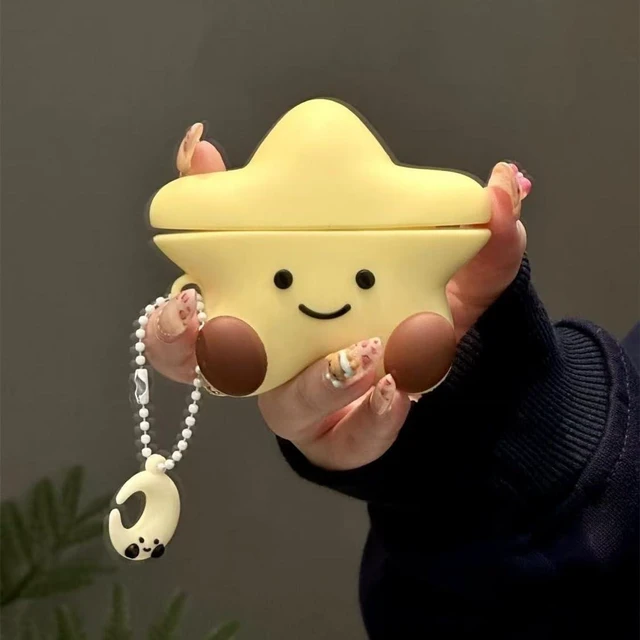 Alt view image 3 of 7 - Earphone Case for AirPods 4, Happy Smiling Sitting Yellow Star Soft TPU Silicone Case, Good Mood Good Luck Yellow Star AirPods 4 Cover Protective Skin Shockproof Protector for Earbud+Moon Hook