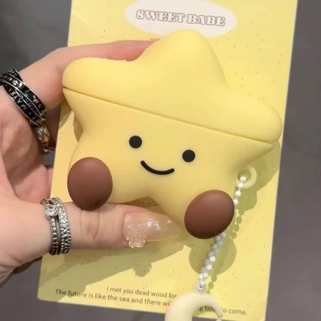 Alt view image 4 of 7 - Earphone Case for AirPods 4, Happy Smiling Sitting Yellow Star Soft TPU Silicone Case, Good Mood Good Luck Yellow Star AirPods 4 Cover Protective Skin Shockproof Protector for Earbud+Moon Hook