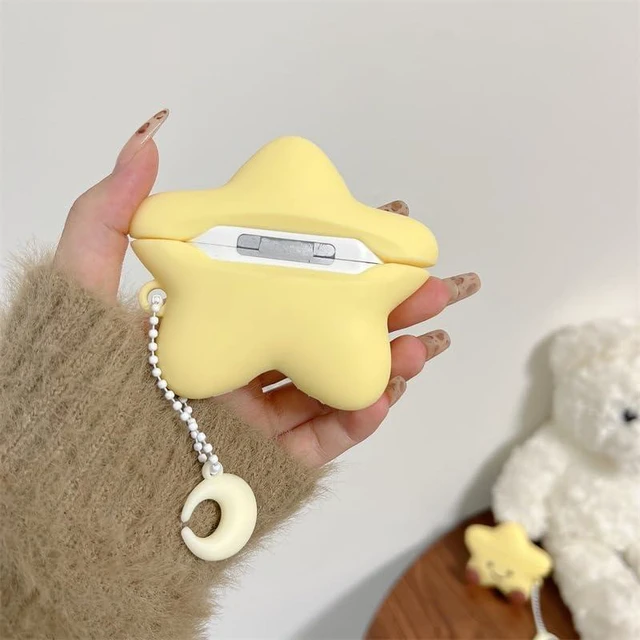 Alt view image 6 of 7 - Earphone Case for AirPods 4, Happy Smiling Sitting Yellow Star Soft TPU Silicone Case, Good Mood Good Luck Yellow Star AirPods 4 Cover Protective Skin Shockproof Protector for Earbud+Moon Hook