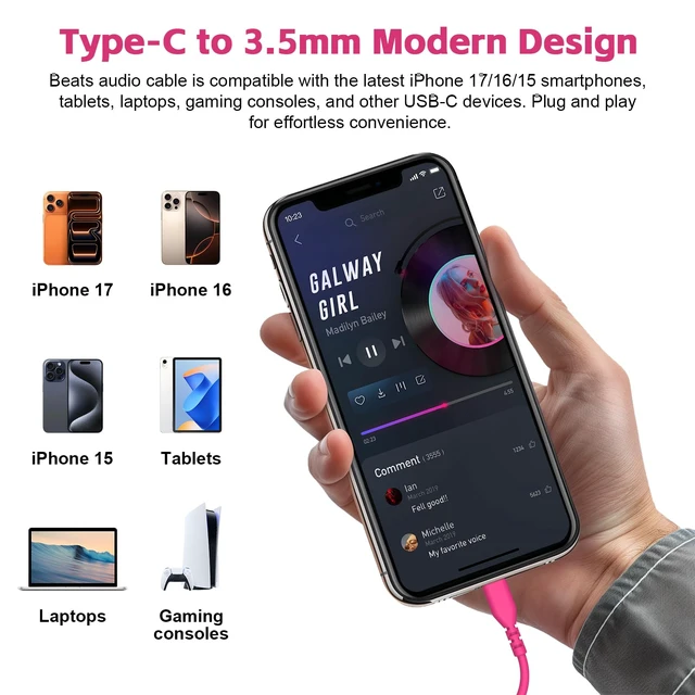 Alt view image 4 of 7 - USB C Solo 4 Audio Cable, Solo 3 Replacement Audio Aux Cord with Inline Mic Control Compatible with Beats Studio Solo Pro Detox Mixr Executive Pill Headphones to iPhone 17/16 USB-C Devices (Pink)