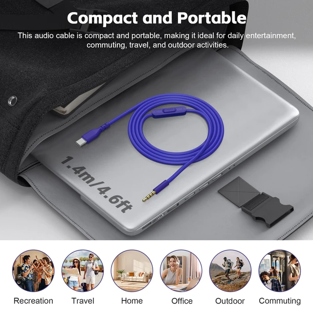 Alt view image 6 of 7 - USB C Solo 4 Audio Cable, Solo 3 Replacement Audio Aux Cord with Inline Mic Control Compatible with Beats Studio Solo Pro Detox Mixr Executive Pill Headphones to iPhone 17/16 USB-C Devices (Blue)