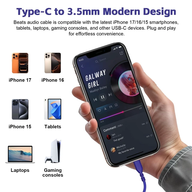 Alt view image 4 of 7 - USB C Solo 4 Audio Cable, Solo 3 Replacement Audio Aux Cord with Inline Mic Control Compatible with Beats Studio Solo Pro Detox Mixr Executive Pill Headphones to iPhone 17/16 USB-C Devices (Blue)