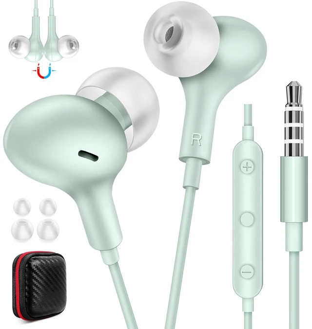 Main image of Wired Earbuds 3.5mm Headphone for Chromebook PC School, Green Ear Bud Wired with Mic Magnet Stereo Plug in Earphone Cord for Galaxy A25 A15 A12 A03s S10 for Moto/Laptop/Computer Travel
