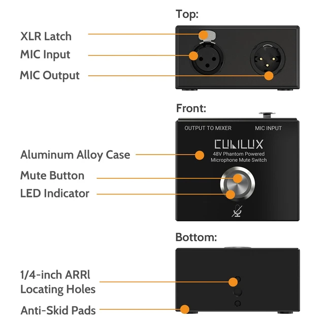 Alt view image 4 of 5 - MMX-1 XLR Mute Switch for Microphone, Full Aluminum Alloy Case MIC On/Off Switcher with 1/4 Arri Locating Mounting Hole
