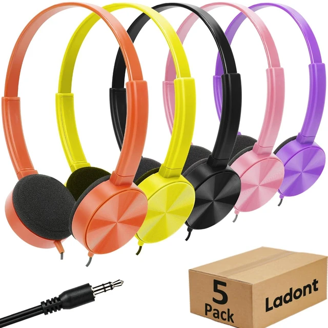 Main image of Kids Headphones Bulk 5 Pack On Ear 3.5mm for School Swivel Ear Wired Adjustable kids headphones with soft sponge ear cushions for all-day comfort perfect for classroom library school testing