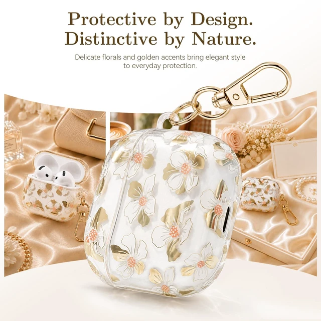 Alt view image 3 of 7 - for AirPods 5/4 Case (2026-2024) with Keychain,Golden White Lily with Cleaner Pen,Two-Piece Design,Supports Wireless,Gold Stamping Process,Clear Luxury Floral Protector for Women Girly
