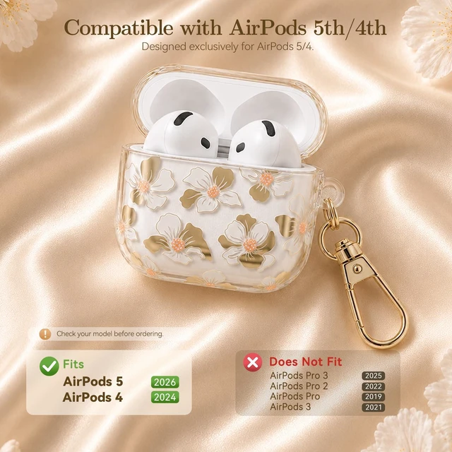 Alt view image 2 of 7 - for AirPods 5/4 Case (2026-2024) with Keychain,Golden White Lily with Cleaner Pen,Two-Piece Design,Supports Wireless,Gold Stamping Process,Clear Luxury Floral Protector for Women Girly