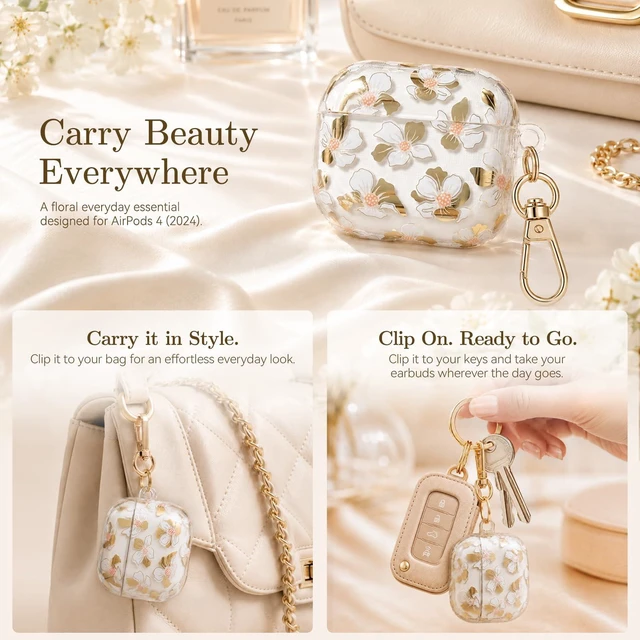 Alt view image 4 of 7 - for AirPods 5/4 Case (2026-2024) with Keychain,Golden White Lily with Cleaner Pen,Two-Piece Design,Supports Wireless,Gold Stamping Process,Clear Luxury Floral Protector for Women Girly