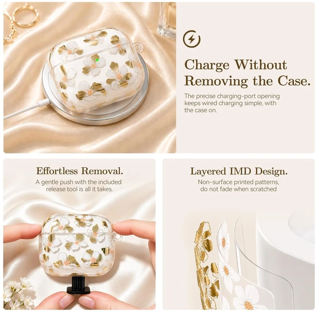 Alt view image 6 of 7 - for AirPods 5/4 Case (2026-2024) with Keychain,Golden White Lily with Cleaner Pen,Two-Piece Design,Supports Wireless,Gold Stamping Process,Clear Luxury Floral Protector for Women Girly