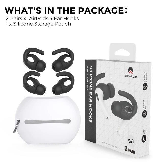 Alt view image 7 of 7 - 2 Pairs AirPods 3 Ear Hooks Cover Silicone Earbuds Tips Added Storage Pouch, Anti Slip, Secure Fit, Comfortable Silicone, Compatiable with Apple AirPods 3 2021(Large + Small, Black)